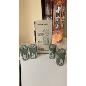 Vintage Jeannette Glass Hellenic Green Grecian‎ Glass Cups Set of 4- 16" Ice Tea